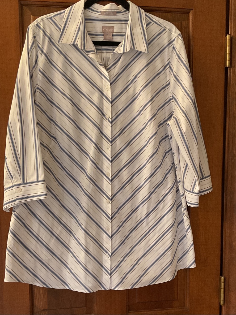 Chico's White Button-Up Shirt with Blue Stripes